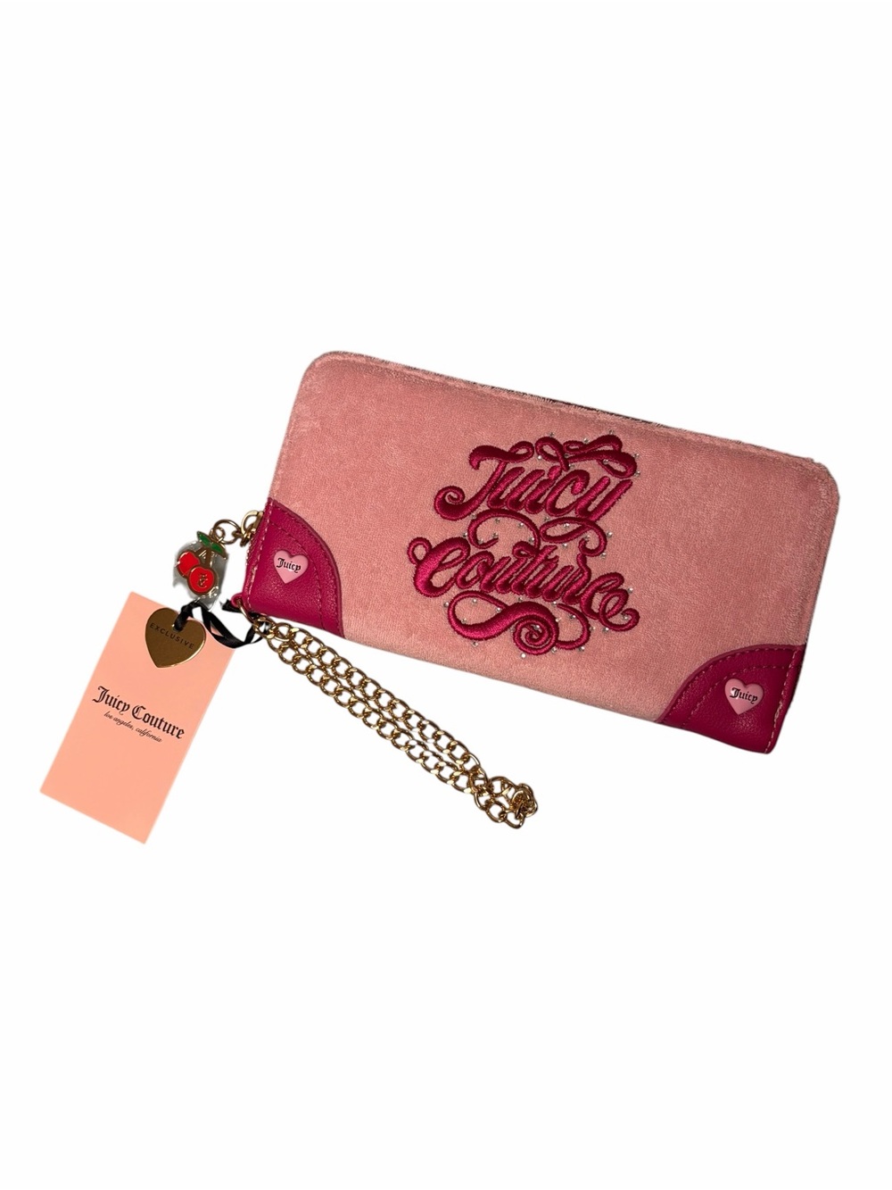 Juicy Couture Logo Pink Embroidered Terry Cloth Phone Wristlet Wallet Cherry